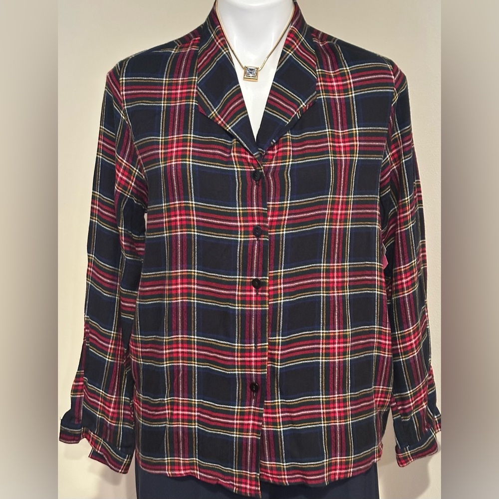 CHELSEA CAMBELL Red Black Blue Green White Plaid Button Down Collared Top Sz MP